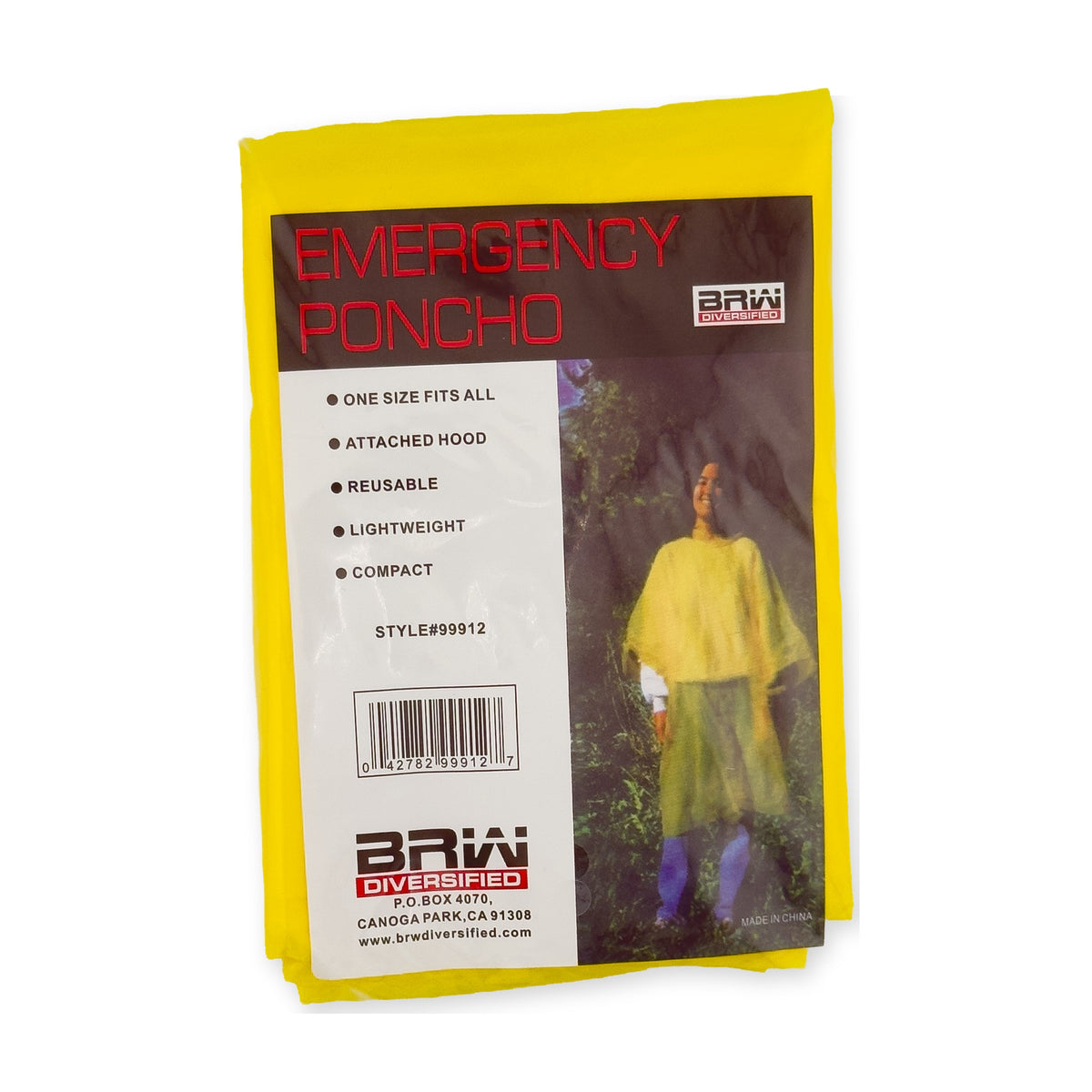 Emergency rain poncho with hood, yellow, in reclosable pouch, front view