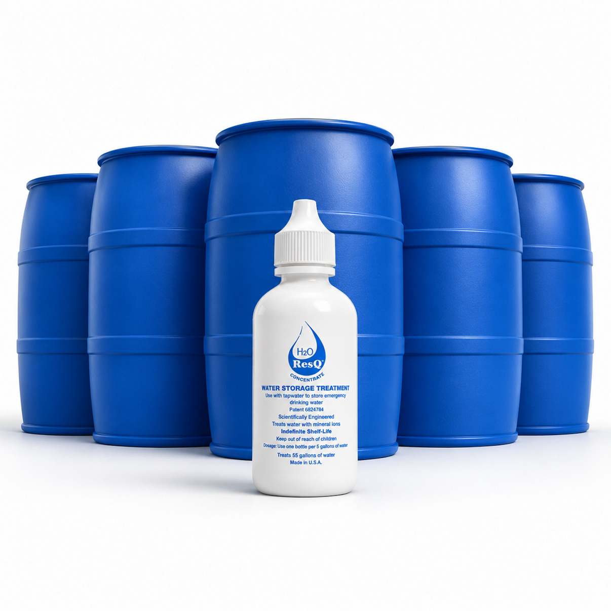 Water preserver concentrate bottle in front of five 55-gallon water storage barrels.