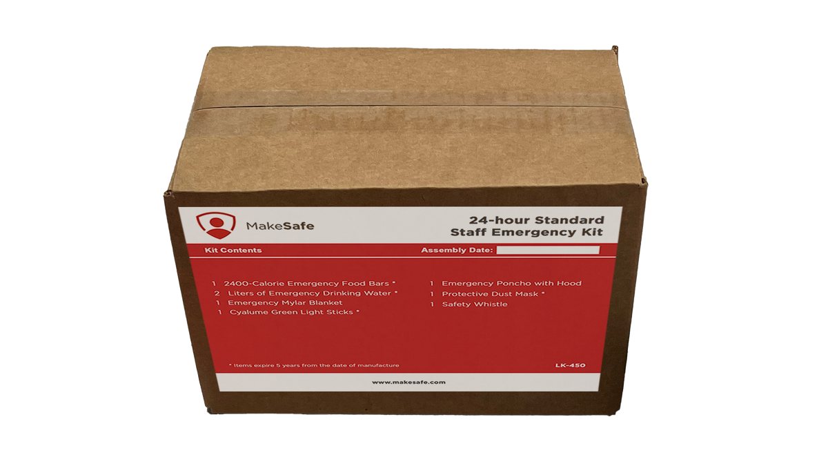 MakeSafe 24-hour Standard Staff Emergency Kit, showing contents: water pouches, food bar, mylar blanket, hooded poncho, dust mask, whistle and lightstick, and 5-year shelf life