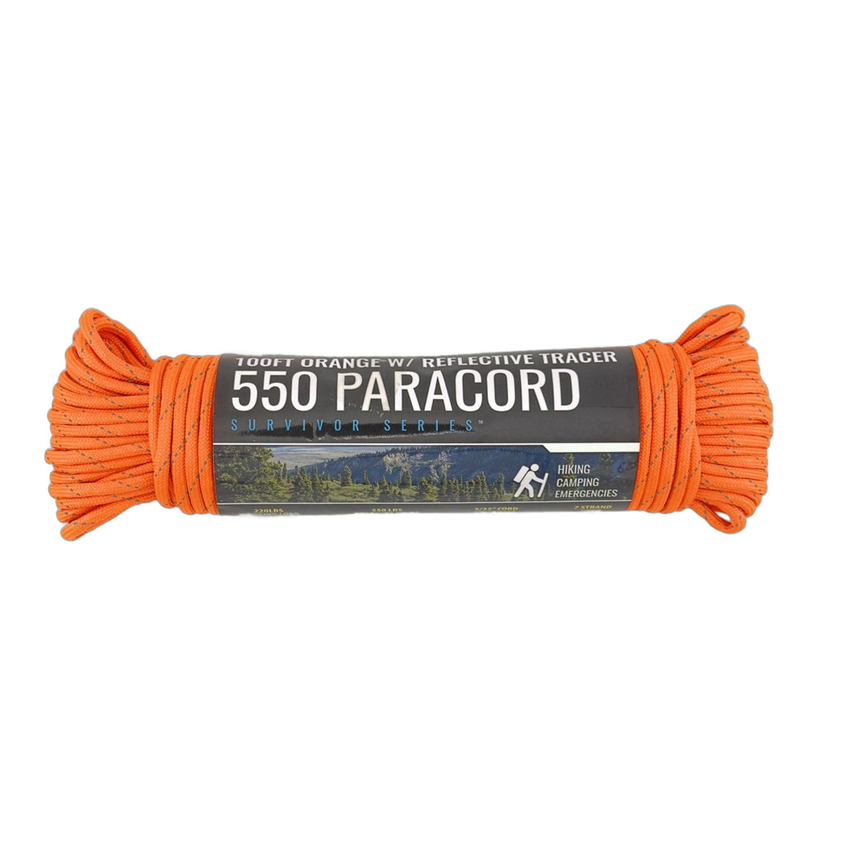 Reflective paracord 100 ft orange hank with reflective tracer, 7-strand 550 lb cord
