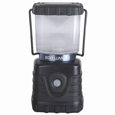 Black 800-lumen LED lantern with clear ribbed globe, folding wire carry handle and a single power button
